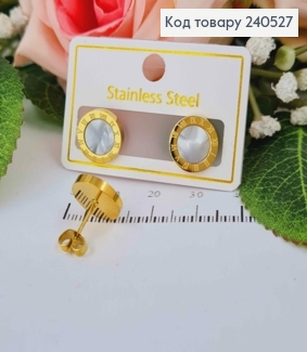 Серьги гвоздики, Римские часы, лимонного цвета с белой вставочкой, 1см, Stainless Steel 260028 фото