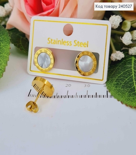 Серьги гвоздики, Римские часы, лимонного цвета с белой вставочкой, 1см, Stainless Steel 260028 фото 1