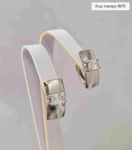 Серьги родованные прямоугольная пластина с блестящим камнем, 1,6см, английская застежка, Xuping 181711 фото 3