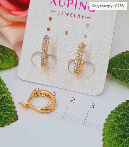 Серьги пластинки, с двумя строчками камней, 1,4см, англ. застежка, Xuping18К 116258 фото 1