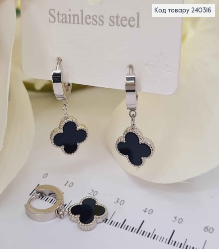 Серьги кольца серебряного цвета с подвеской четырехлистник с черной эмалью, сталь Stainless Steel 240316 фото 1