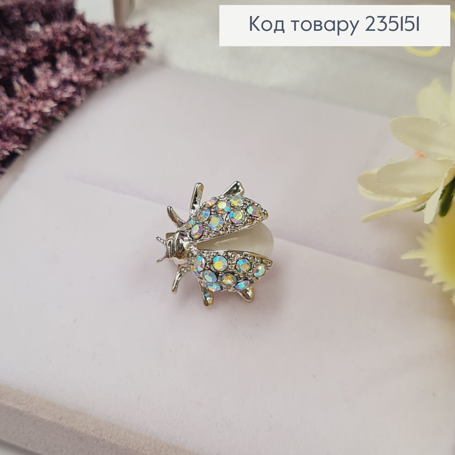 Брошка "Божья коровка" в камушках 2*2 см, серебряный цвет. 235151 фото 1