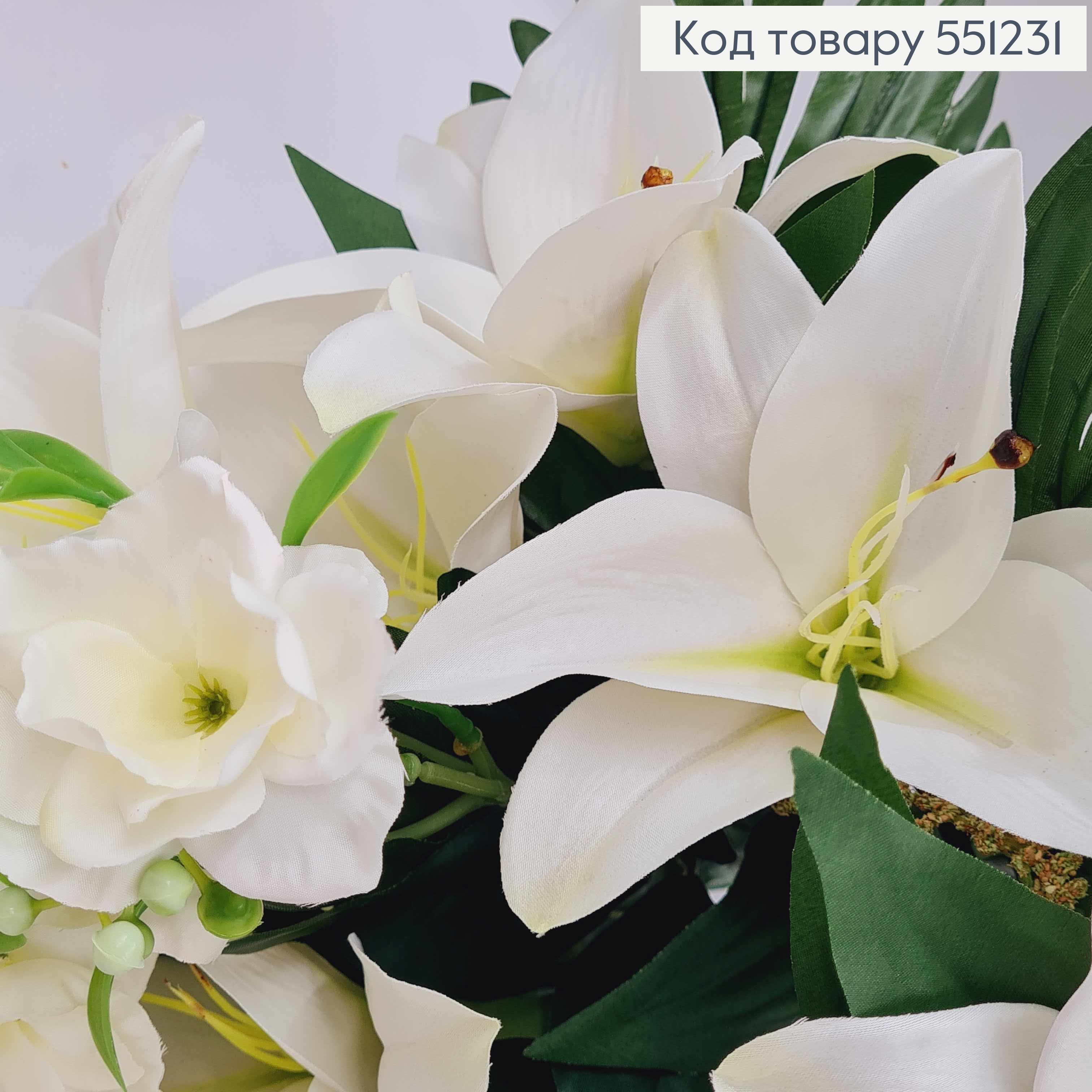 Композиция "Букет БЕЛЫХ лилий", (10 лилий+ другие белые цветочки и приложения), высотой 50см 551231 фото 2