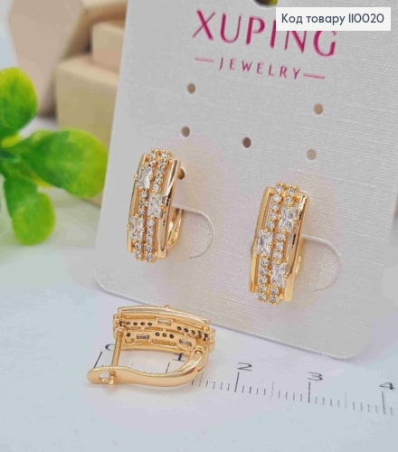 Сережки Прямокутні прикрашені Блискучими камінцями, 1,5см, англійська застібка, Xuping 18К 110020 фото 2