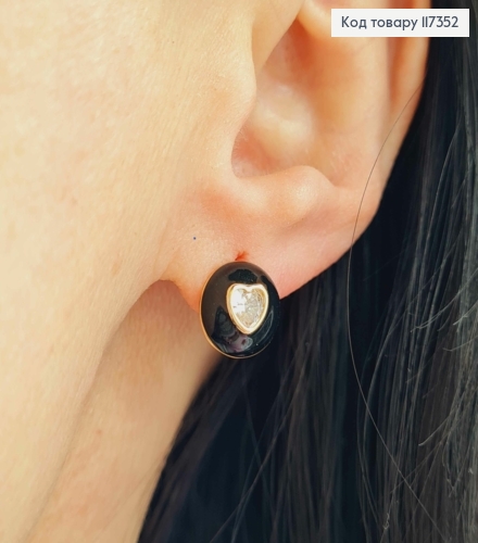 Серьги гвозди, Сердце на круглой Черной пластине 1см, Xuping 18K 117352 фото 2