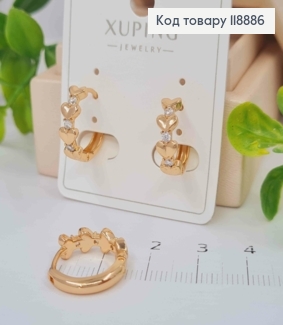 Сережки кільця прикрашені Серцями та Блискучими камінцями, діаметр 1,6см, Xuping 18K 118886 фото