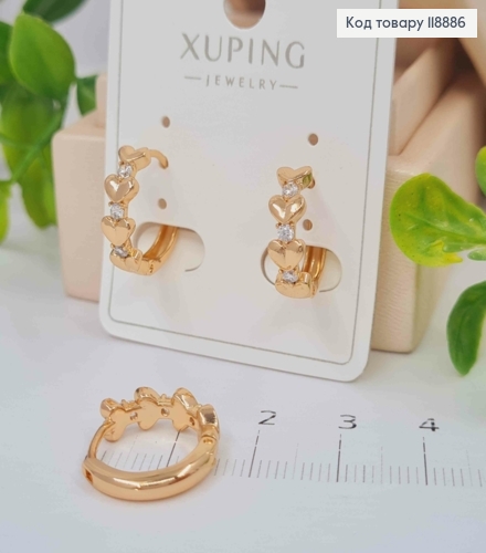 Серьги кольца украшены Сердцем и Блестящими камешками, диаметр 1,6см, Xuping 18K 118886 фото 1