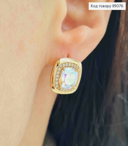 Серьги "Квадратные" с блестящим камнем Хамелеон, 1,4*1,4см, английская застежка, XUPING 18K 119076 фото 1