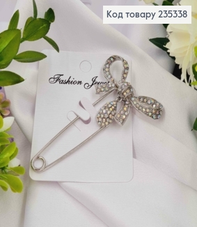 Брошь металл, Булавка серебряного цвета, Бантик в перламутровых камнях, 7,5см 235338 фото