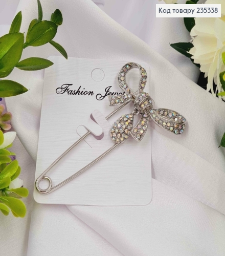 Брошь металл, Булавка серебряного цвета, Бантик в перламутровых камнях, 7,5см 235338 фото 1