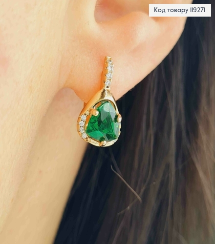 Серьги "Магические" с Зеленым камнем, длина 1,6см, английская застежка, Xuping 18K 119271 фото 1