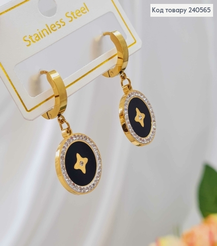 Серьги кольца, подвеска "LV" с черной эмалью, в камешках, 1,5см, лимонные, сталь Stainless Steel 260039 фото 2