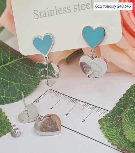 Серьги гвоздики, с подвесками сердечками, с голубой эмалью, серебряного цвета, сталь Stainless Steel 240346 фото 1
