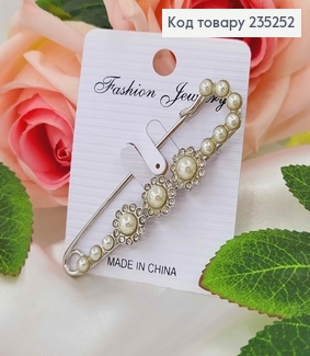 Брошь металл, Булавка серебряного цвета, три цветочка, в жемчужинах 7,5см 235252 фото