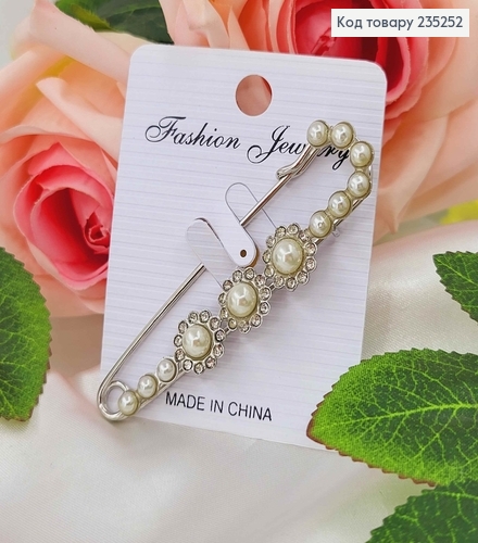 Брошь металл, Булавка серебряного цвета, три цветочка, в жемчужинах 7,5см 235252 фото 1
