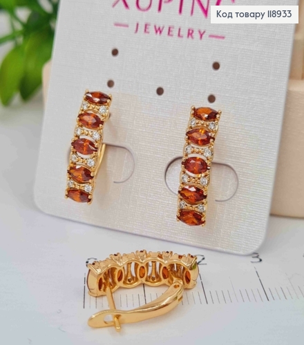 Сережки "Орбіта" прикрашені Червоними камінцями, 1,8см, англійська застібка, Xuping 18K 118933 фото 1