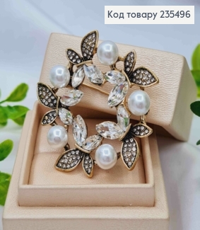 Брошка метал, "Віночок з Метеликів" з Блискучими камінцями та Перлинками, 4,5см, Золотого кольору 235496 фото