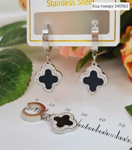 Серьги кольца, с подвесками "Van Cleef" в камешках, 1,5см, серебряного цвета, сталь Stainless Steel 240562 фото 2