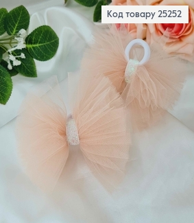 Резинка, Бант фатиновый, пудрового цвета, с блестящей лентой, 11см, Ручная работа, Украина 25252 фото