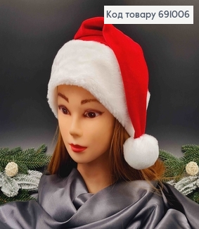 Шапочка новорічна, Червоного кольору, велюрова з хутром 691006 фото