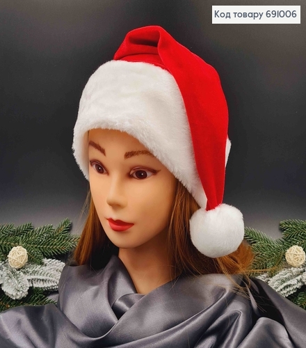 Шапочка новогодняя, Красного цвета, велюровая с мехом 691006 фото 1