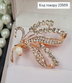 Брошка металл Веточка с камушками и жемчужиной 5,5х4см 235159 фото