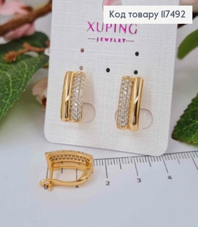 Серьги Прямоугольные с Блестящими камешками в три ряда, 1,6см, английская застежка, Xuping 18К 117492 фото