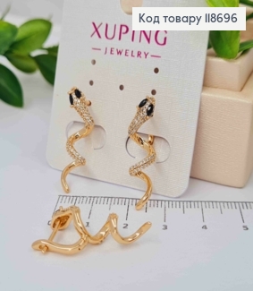 Серьги "Змея" в Блестящем камне и с Черными глазами, 2,7см, английская застежка, Xuping 18К 118696 фото