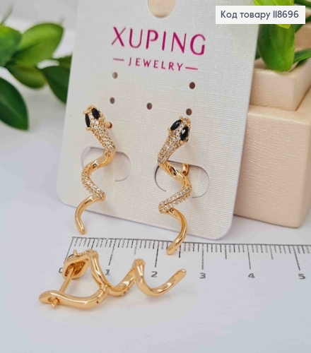Серьги "Змея" в Блестящем камне и с Черными глазами, 2,7см, английская застежка, Xuping 18К 118696 фото 1