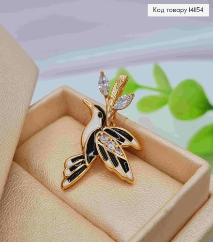 Кулон "Пташка Колібрі" з Чорно-Білою емаллю та блискучими камінцями, розмір 2,8см, Xuping 18K 141154 фото 2