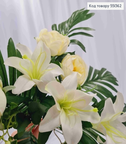 Искусственная композиция Розы с лилиями, цвета Айвори, 9 веток с цветами на металлическом стержне, 36см. 551362 фото 3