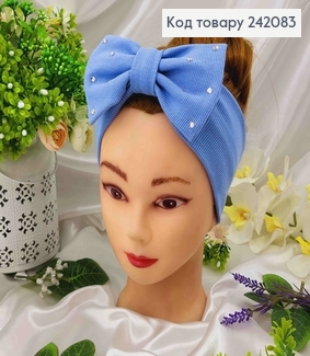 Повязка бант, натуральный трикотаж, ГОЛУБНАЯ, в камешках, 18,5*8см, ручная работа, Украина. 242083 фото