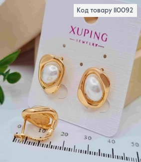 Сережки прикрашені Перлинкою, довжина 1,6см, англійська застібка, Xuping 18K 110092 фото