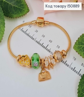 Браслет "Пандора" с Зеленым шармиком, Желтым сердечком и розовой бабочкой, длиной 18см. Xuping 18K 150889 фото