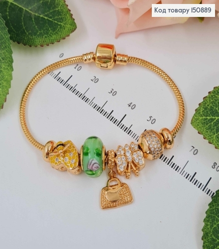 Браслет "Пандора" с Зеленым шармиком, Желтым сердечком и розовой бабочкой, длиной 18см. Xuping 18K 150889 фото 1