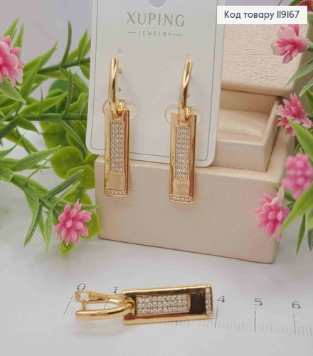 Серьги с прямоугольной подвеской с блестящими камешками, 1,5+2,3см, англ. 119167 фото 1