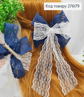 Бант з мереживом СИНЬО-БІЛИЙ  на заколці "стріла", розмір 14*20см, ручна робота, Україна 276179 фото