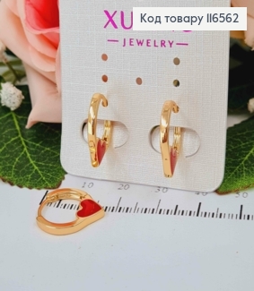 Серьги кольца 1,5см, с сердечком с красной эмалью, Xuping 18K 116562 фото