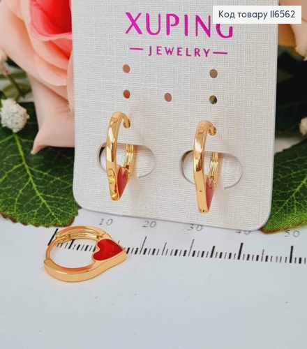 Серьги кольца 1,5см, с сердечком с красной эмалью, Xuping 18K 116562 фото 1