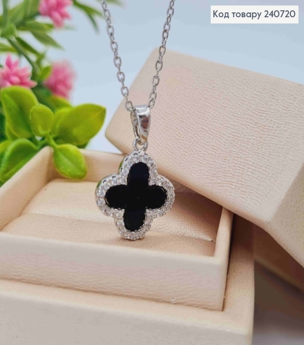 Цепочка серебряного цвета, с подвеской Van Cleef с черной эмалью, 40+5см, сталь Stainless Steel 240720 фото 2