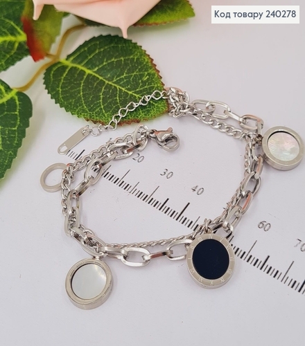 Браслет 16+3.5 см Van Cleef 3 подвески с чёрной и перламутровой эмалью, цвет серебряный, Stainless Steel 250004 фото 2