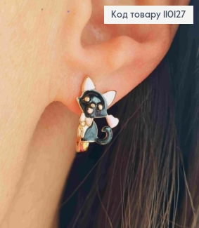 Сережки "Кошенятко" з Чорною та Рожевою емаллю, 1,6см, англ. застібка,  XUPING 18К 110127 фото