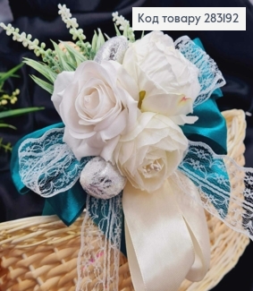 Повязка для корзины Молочно-БЕЛЫЕ пионы со ИЗУМНЫМ бантом на завязках,размер: 19*20см, Украина 283192 фото