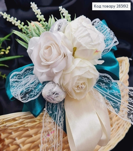 Повязка для корзины Молочно-БЕЛЫЕ пионы со ИЗУМНЫМ бантом на завязках,размер: 19*20см, Украина 283192 фото 1