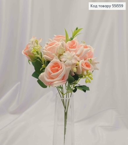 Искусственная композиция Розы, НЕЖНО-РОЗОВОГО цвета, 7 веточек на металлическом стержне, высота30см 551559 фото 1