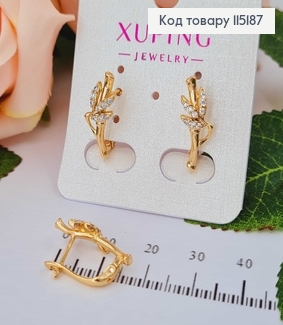 Сережки з гілочкою бамбуку, з камінцями 2см, англ. заст. Xuping 18K 115187 фото