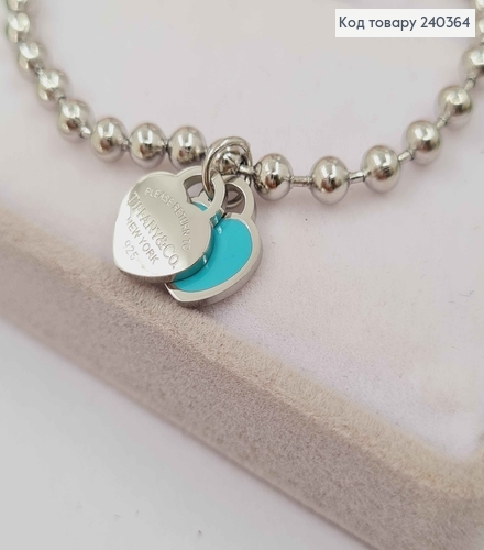 Браслет серебряного цвета из шаров, с подвеской цвета Тиффани, довж. 17+4см, сталь Stainless Steel 240364 фото 1