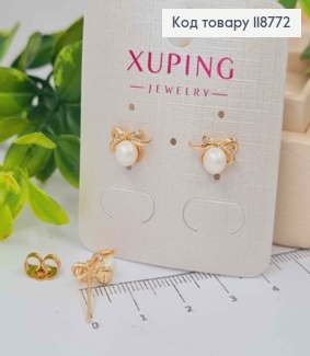 Серьги гвоздики Бантик с жемчужкой и блестящими камешками, 0,7см, XUPING 18K 118772 фото