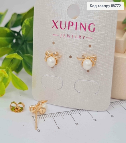 Сережки гвіздки Бантик з Перлинкою та Блискучими камінцями, 0,7см, XUPING 18K 118772 фото 1