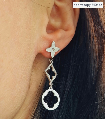 Серьги гвоздики серебряного цвета с подвесками Van Cleef, 3,5см, сталь Stainless Steel 240442 фото 1